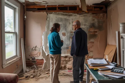 Homme analysant des factures et devis de rénovation avec calculatrice sur plans de maison