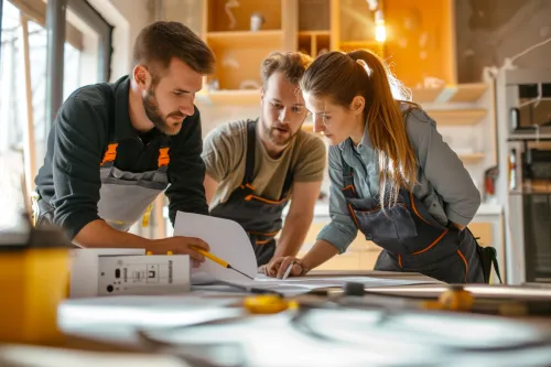 Compteur électrique, radiateur et tuyauterie regroupés symbolisant les installations techniques d'un logement