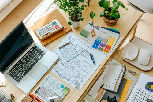 Calculatrice et devis de rénovation avec montants détaillés sur un bureau professionnel