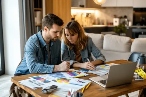 Calculatrice et plans de maison avec devis détaillé pour estimer le budget travaux de rénovation