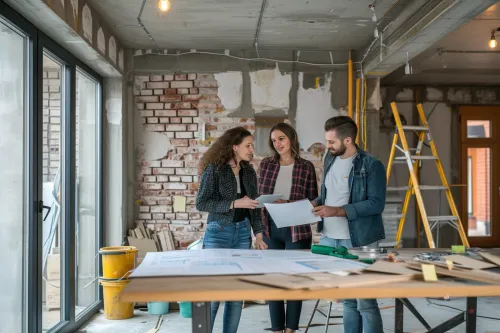 Artisan consultant des plans de rénovation avec tableau des coûts et facteurs budgétaires