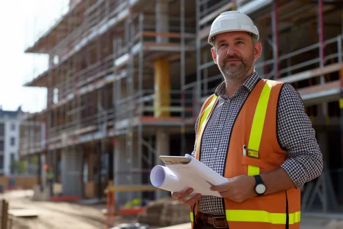 Professionnel en architecture supervisant un chantier avec plans et casque de sécurité