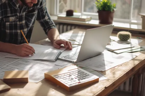 Mesure et calcul des dimensions d'une pièce en rénovation avec mètre et plans de construction