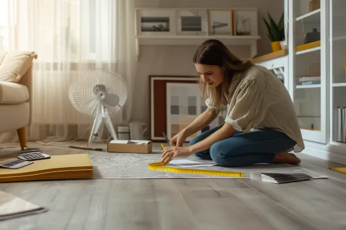 Mètre ruban et plans architecturaux pour mesurer précisément les surfaces d'un projet de construction