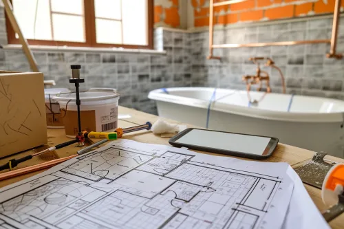 Chantier de rénovation d'une salle de bain avec plomberie, carrelage et sanitaires modernes