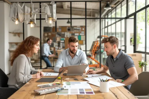 Équipe de professionnels du bâtiment présentant leurs outils et compétences spécifiques