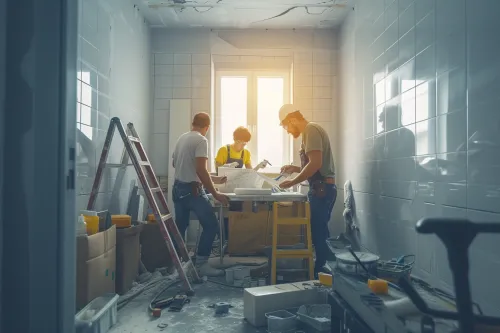 Artisan plombier installant une robinetterie moderne dans une salle de bain en rénovation
