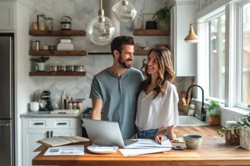 Couple calculant les coûts de rénovation avec devis et plans de cuisine sur table
