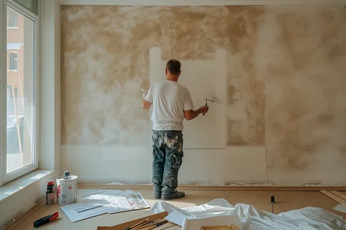 Mur fraîchement repeint en couleur moderne avec application de revêtement décoratif de qualité