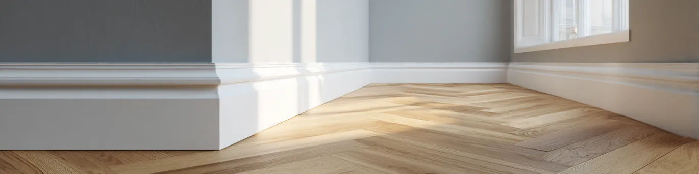 Plinthes et moulures décoratives installées le long d'un mur avec mètre ruban et calculatrice