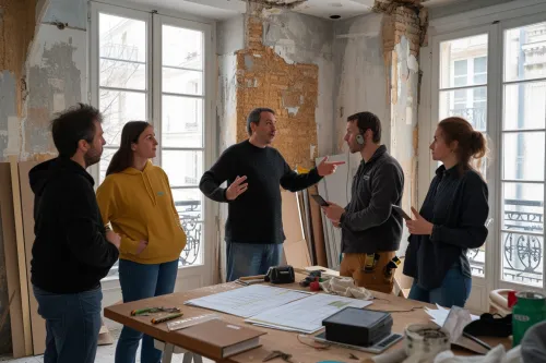 Maître d'œuvre supervisant un chantier de construction avec plans et coordination d'équipes
