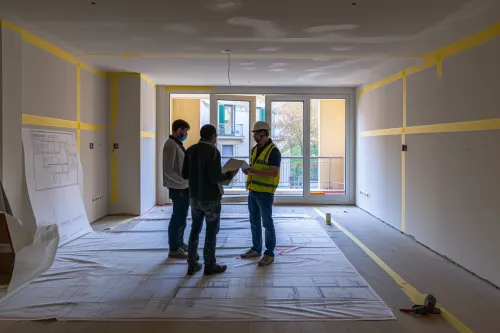 Ouvriers en action sur un chantier de démolition avec engins et gravats au premier plan