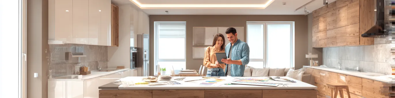 Plan de cuisine moderne avec matériaux et calculatrice pour estimer le coût de rénovation