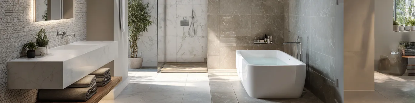 Carrelage et équipements modernes d'une salle de bain rénovée avec estimation budgétaire