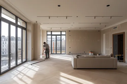 Pose de parquet massif et peinture murale dans un salon moderne entièrement rénové